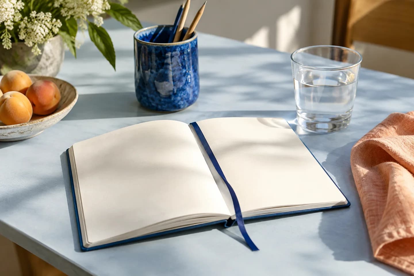 A blank notebook, pencils and a glass of water on a sunlit blue table